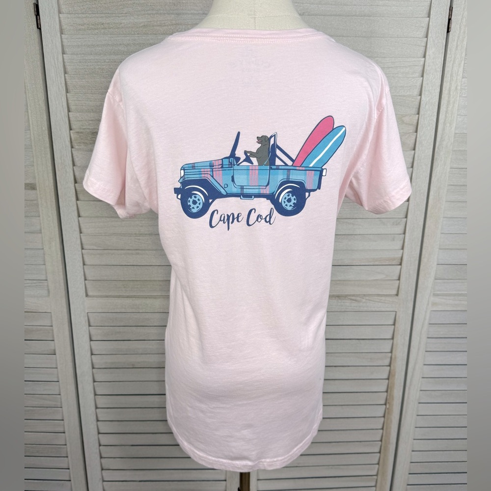 CUFFY'S OF CAPE COD (Ladies) 100% Cotton Dog/Jeep Pocket Tee Pink/Multi-Large